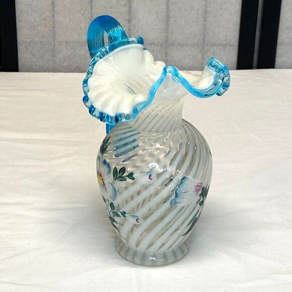 Fenton 90th Spiral French Opal Pitcher Blue Handle Ruffle Rim Poppy Art Glass - Picture 2 of 10